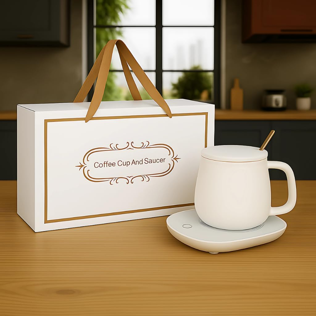 Smart Electric Coffee Mug Warmer with Ceramic Mug Included &ndash; Desktop Beverage Heating Plate for Office & Home &ndash; Keeps Coffee, Tea, Milk, Hot Chocolate or Water Warm Auto Shut off Safety Design (White) image number 6