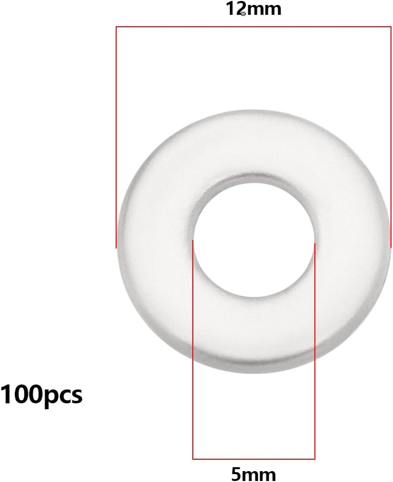 YINETTECH 100Pcs 304 Stainless Steel Flat Washers M5X12Mm round Seal Washer Spacer for Home Office Shop Factory Screw Hardware and Lock Repair