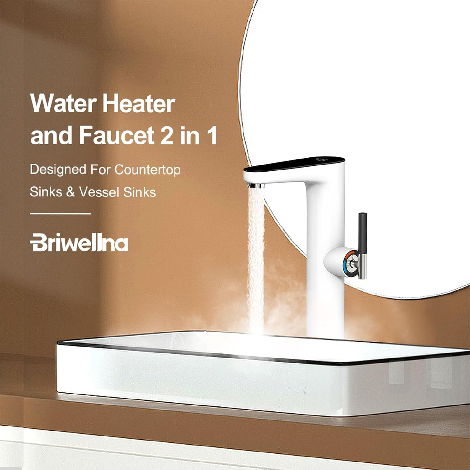 Briwellna Instant Basin Faucet, 220V Electric Tankless Water Heater with Digital Display, Electric Bathroom Tap (White) image number 5