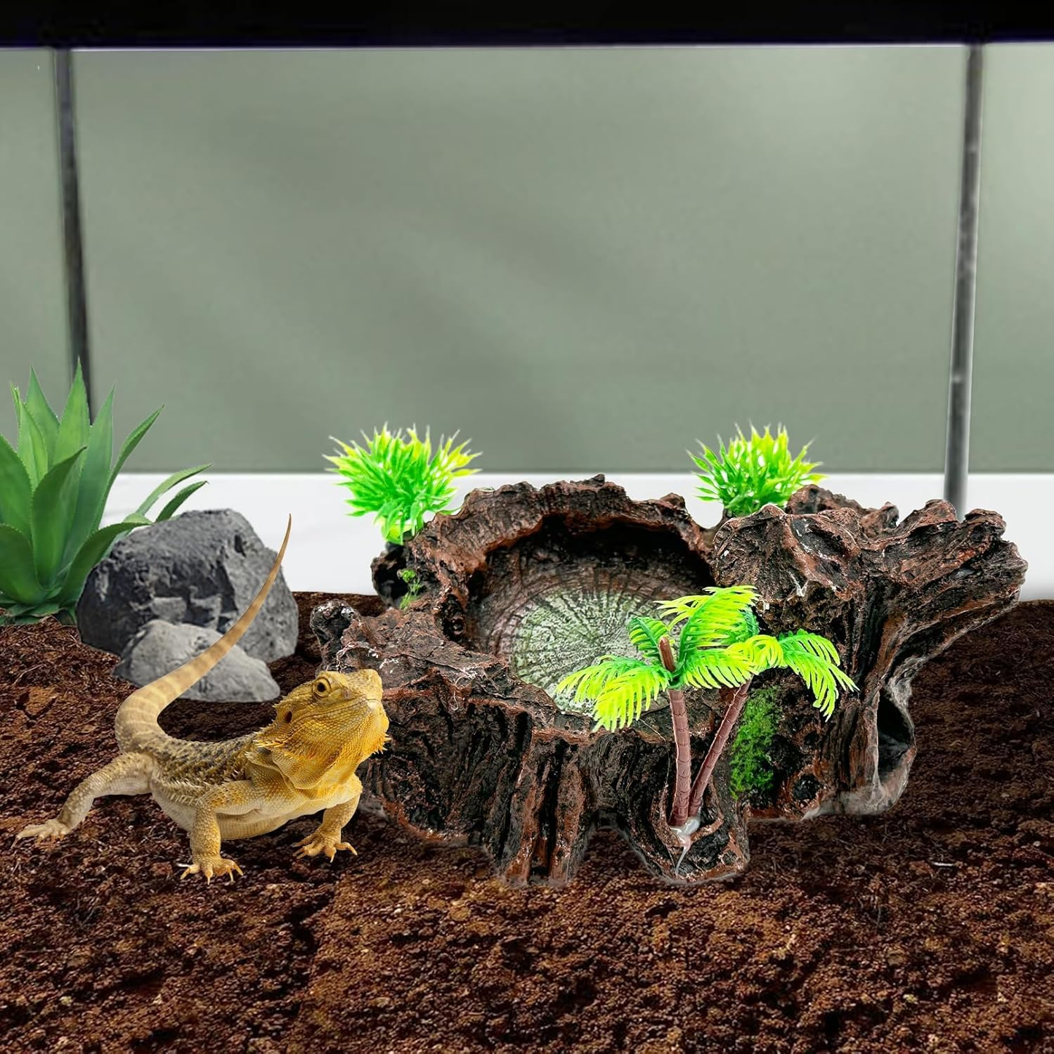 PINVNBY Resin Reptile Platform Artificial Tree Trunk Reptile Tank Decor Food Water Dish Bowl for Bearded Dragon,Lizard, Gecko, Water Frog,Snake image number 3
