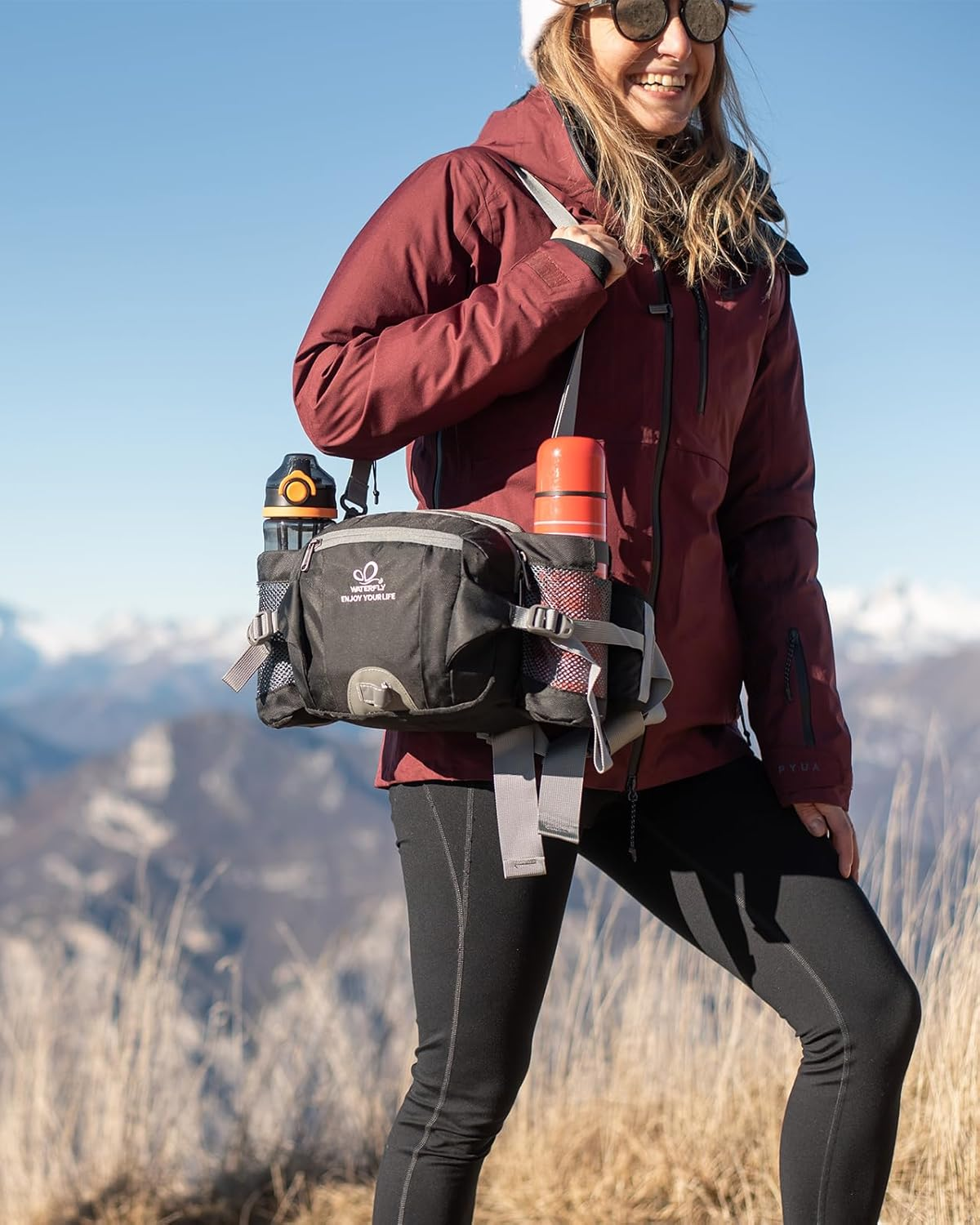 WATERFLY Fanny Pack Waist Bag: Fannie Pack 2 Water Bottle Holders Lumbar Belt Hiking Walking Running Jogging Camping Large Woman Man (Bottle Not Included)