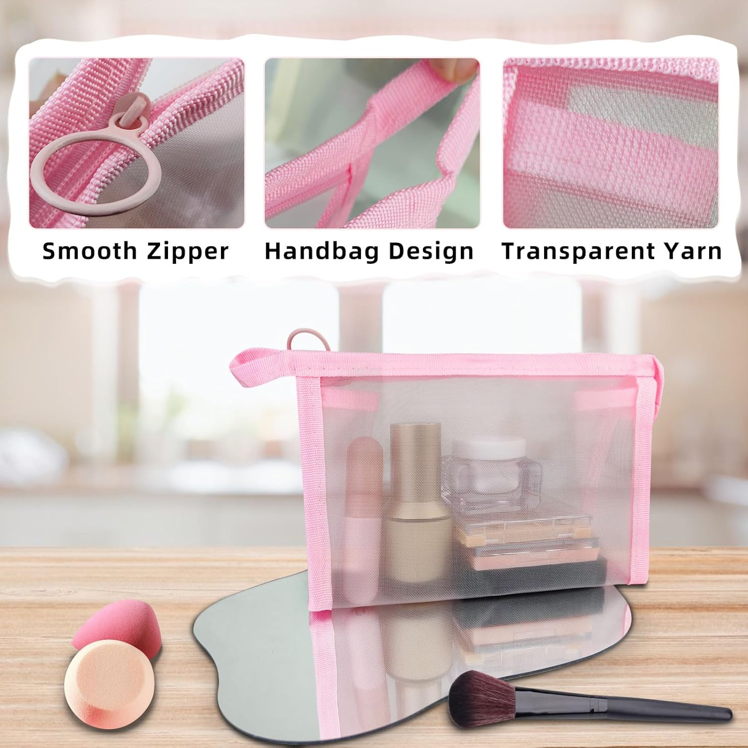 Funincrea Mesh Travel Cosmetic Bag Nylon Toiletry Bag Small with Zip Make up Organiser 19 X 13 Cm Triangle Makeup Bag Portable Cosmetic Bag for Cosmetics Toiletries, Pink, 19X13Cm, Modern image number 1