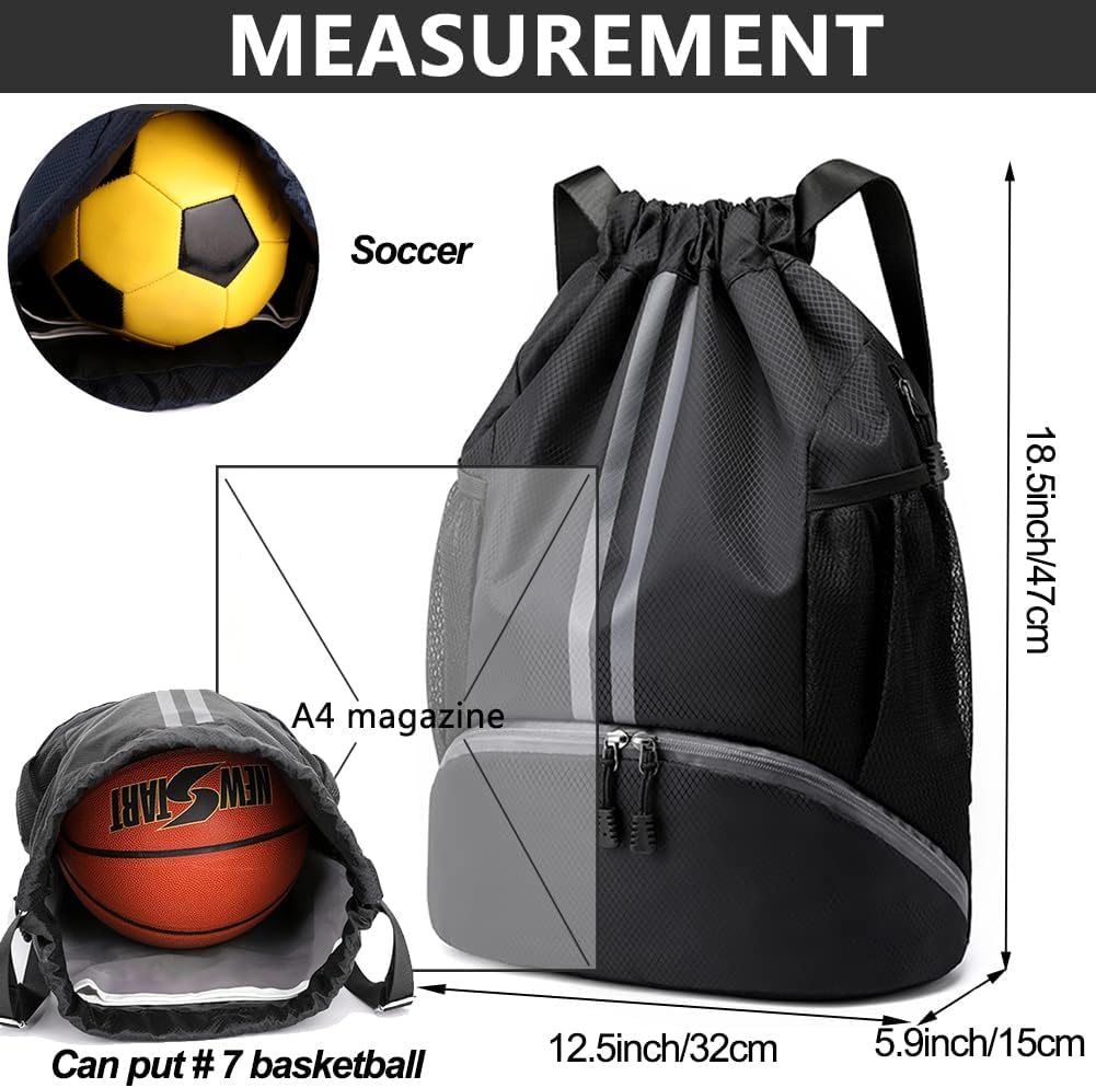 Drawstring Backpack Sports Gym Bag with Shoes Compartment, Waterproof Draw String Back Bag for Men Women - Black-1 image number 3