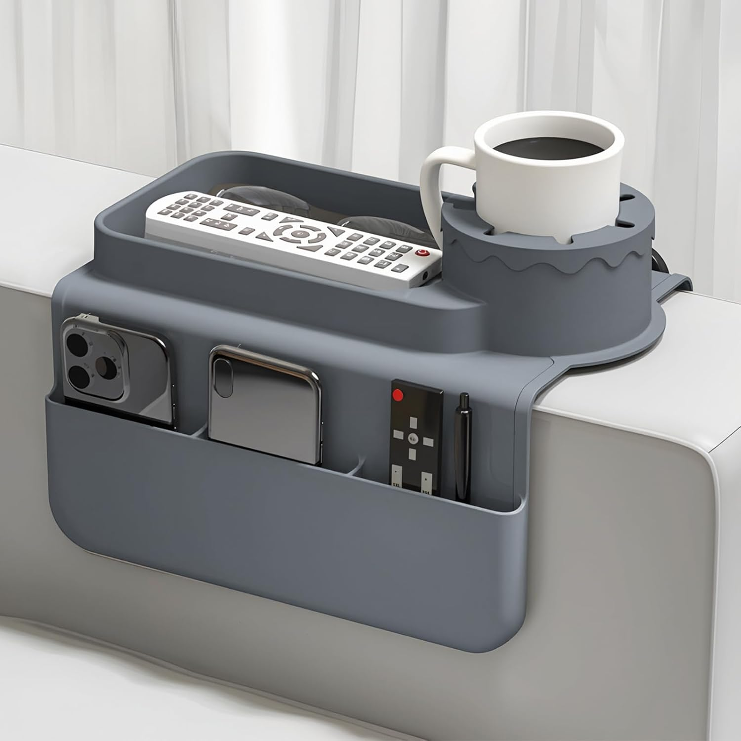 Uandhome Couch Cup Holder Tray, Silicone Sofa Armrest Organizer with Assesory Pockets for Storage Remotes, Cell-Phone,Tablet or Snack, Anti-Spill and Anti-Slip Couch Cup Holder for Drink (Gray) image number 6