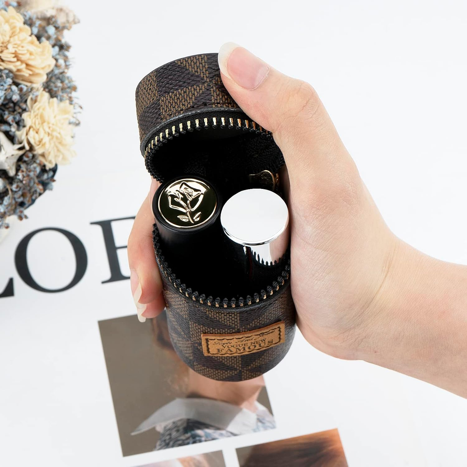 Adorila 2 Pack Lipstick Organizer, Leather Lip Gloss Bag with Keychain, Portable Mini Lipstick Case for Purse, Brown+Pink