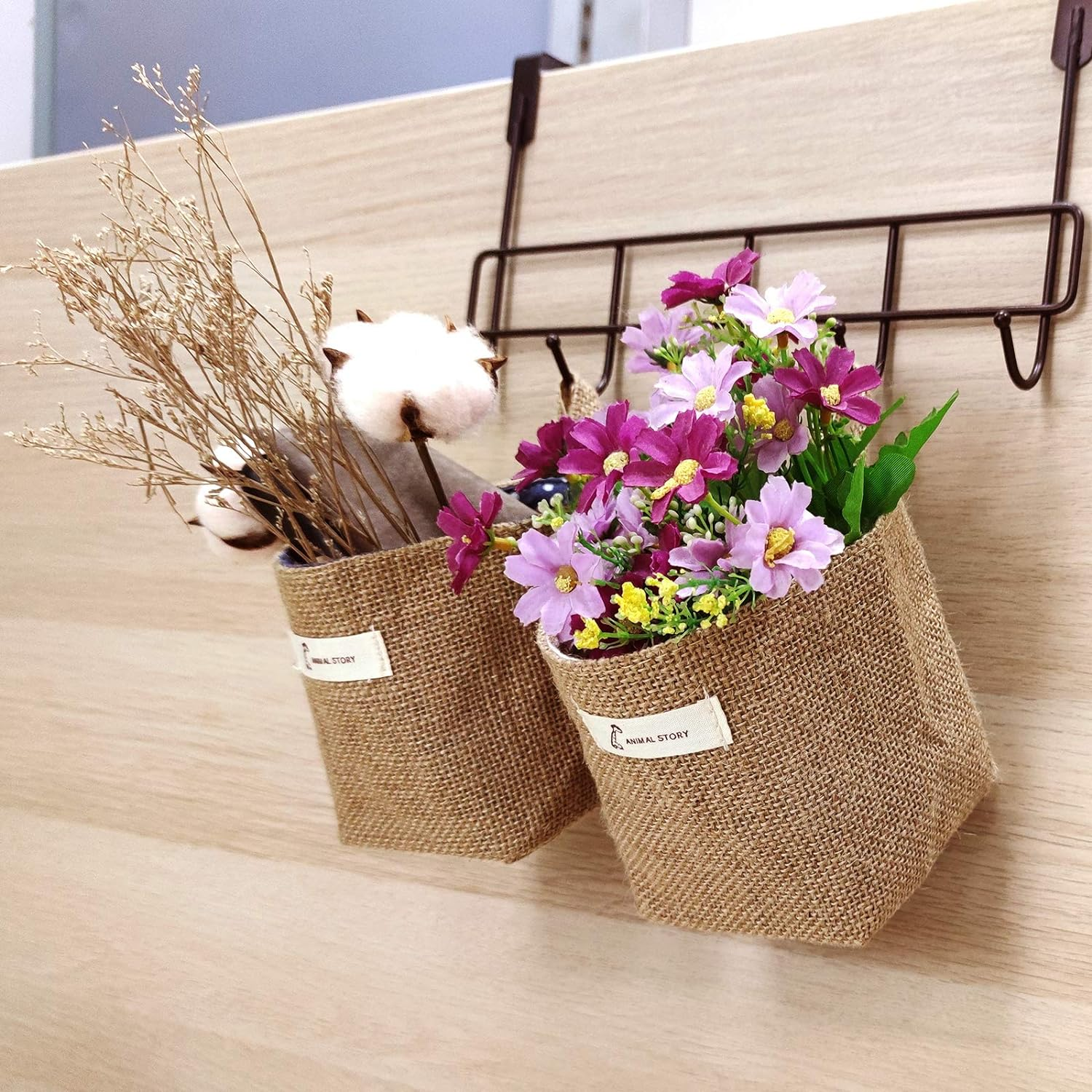 JIAKAI 4Pcs Mini Hanging Storage Bag，Cotton Linen Small Storage Basket Decor Bin Bag with Handle, for Wall Door Closet image number 5