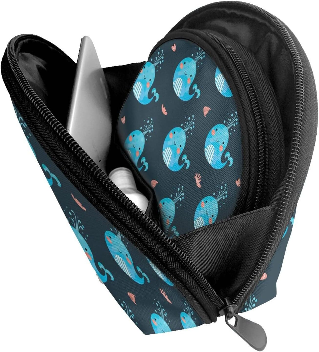 Cozimangoe Coin Pouch Makeup Bags Set, 2 Piece Shell Shape Cosmetic Bag with Pockets for Daily Travel Handbag Lipstick Keys Toiletry, Personalized Cute Whales and Fishes image number 4