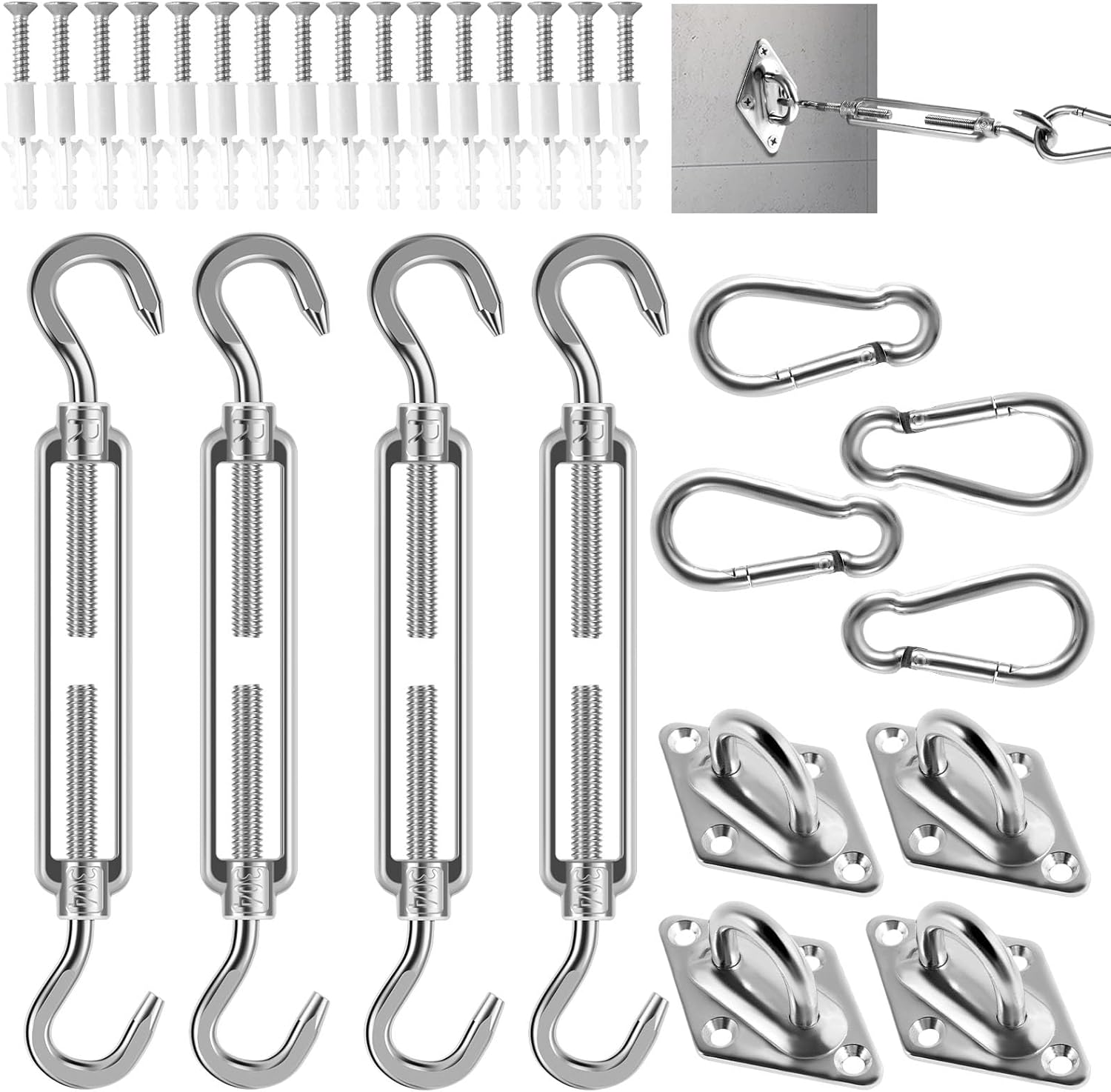 44Pcs Sun Shade Sail Hardware Kit Rectangle Square Triangle Shade Sail Mounting Kit 304 Stainless Steel M6 Awning Fixing Installation Kit Sun Shade Sail Installation Accessory for Patio
