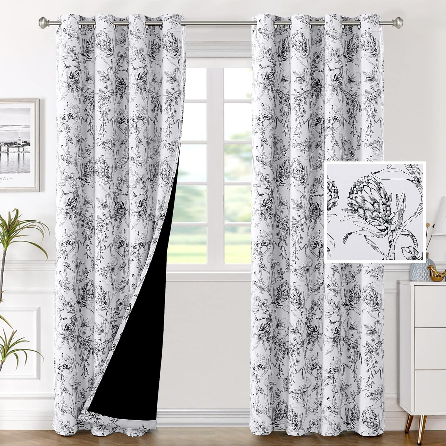 H.VERSAILTEX 100% Blackout Curtains for Living Room Camellia Floral Light Blocking Window Treatment Curtains with Black Liner Grommet Thermal Drapes, 2 Panels Set, Each W132Cm X D213Cm, Black image number 2