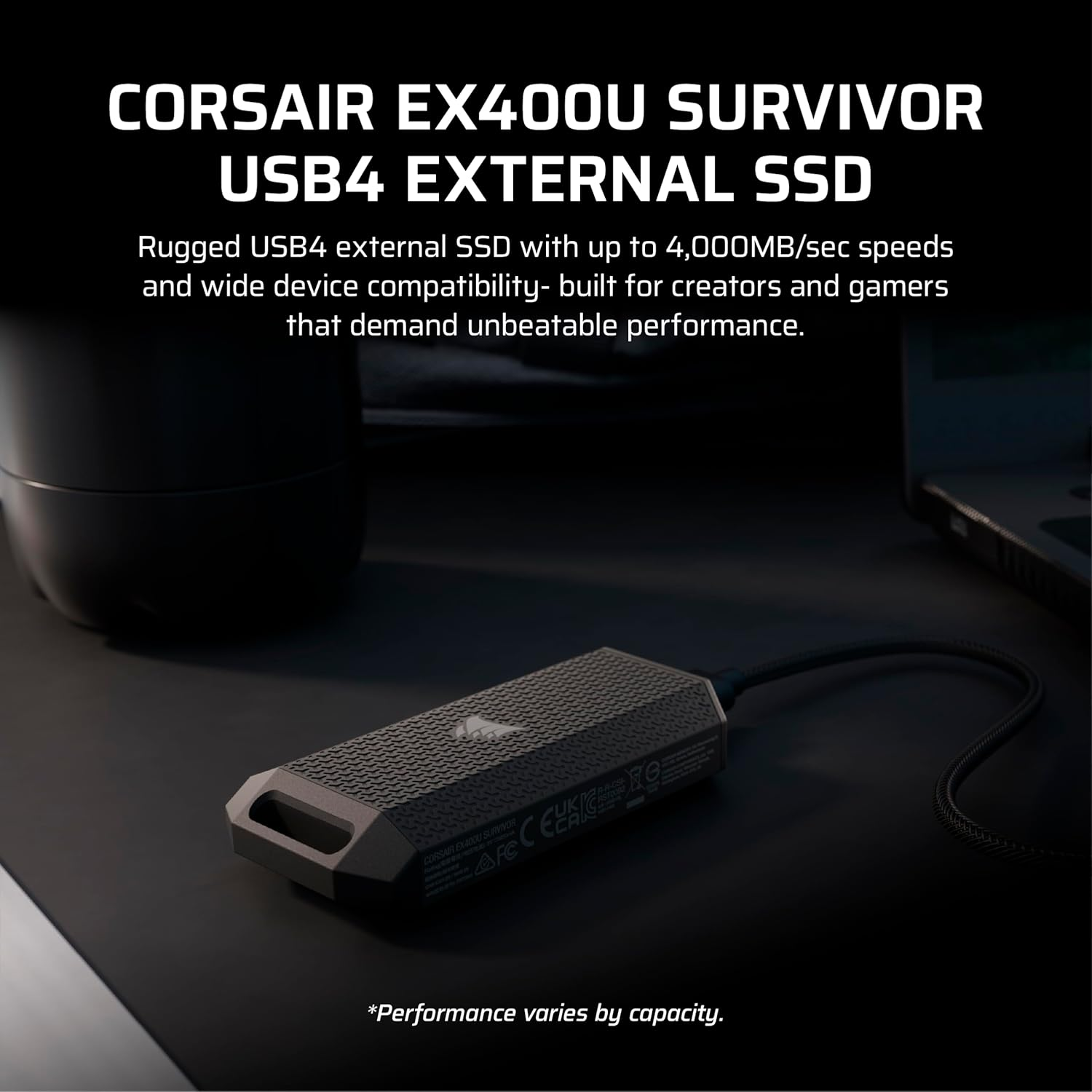 CORSAIR EX400U Survivor 1TB USB4 External SSD &ndash; up to 4000 Mb/S, IP55 Rugged Drive, Plug & Play for PC, Mac & Ipad &ndash; Black image number 4