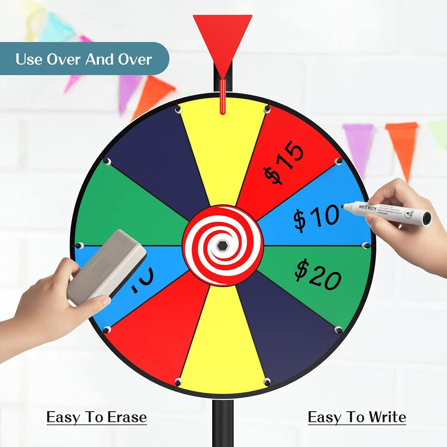 16" Spinning Prize Wheel - 10 Slots Color Roulette Spinner with Adjustable Folding Tripod Floor Stand. Includes Marker and Eraser.Play Fortune Spin Game at Trade Show, Carnival. image number 1