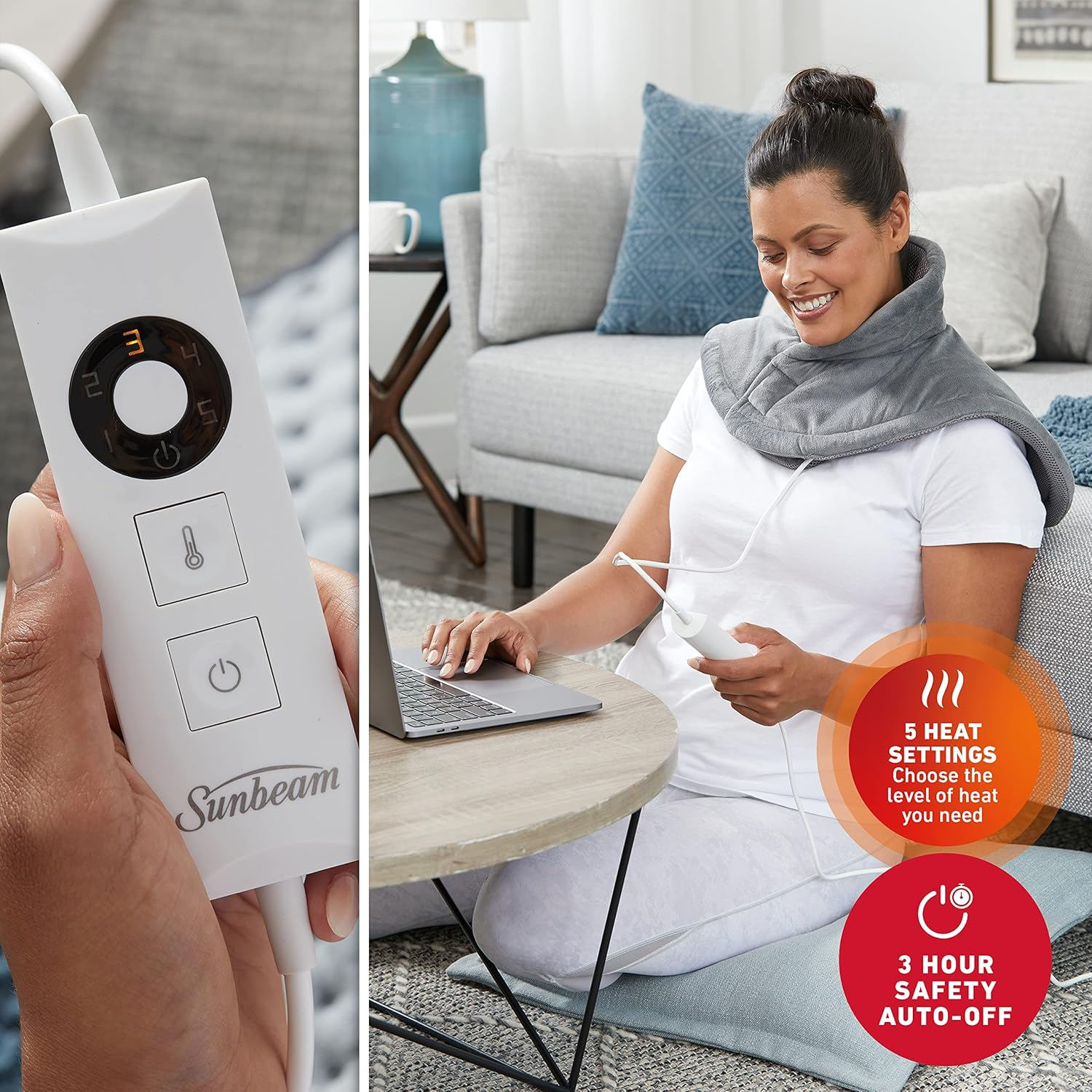 Sunbeam Electric Heating Pad for Shoulders & Neck |35.5X50Cm, Contoured Design, 5 Heat Settings to Soothe Muscles, Fast Heat-Up, Consistent Temperature, Soft Washable Fabric, Wellness Product,Grey (HPN5300) image number 4