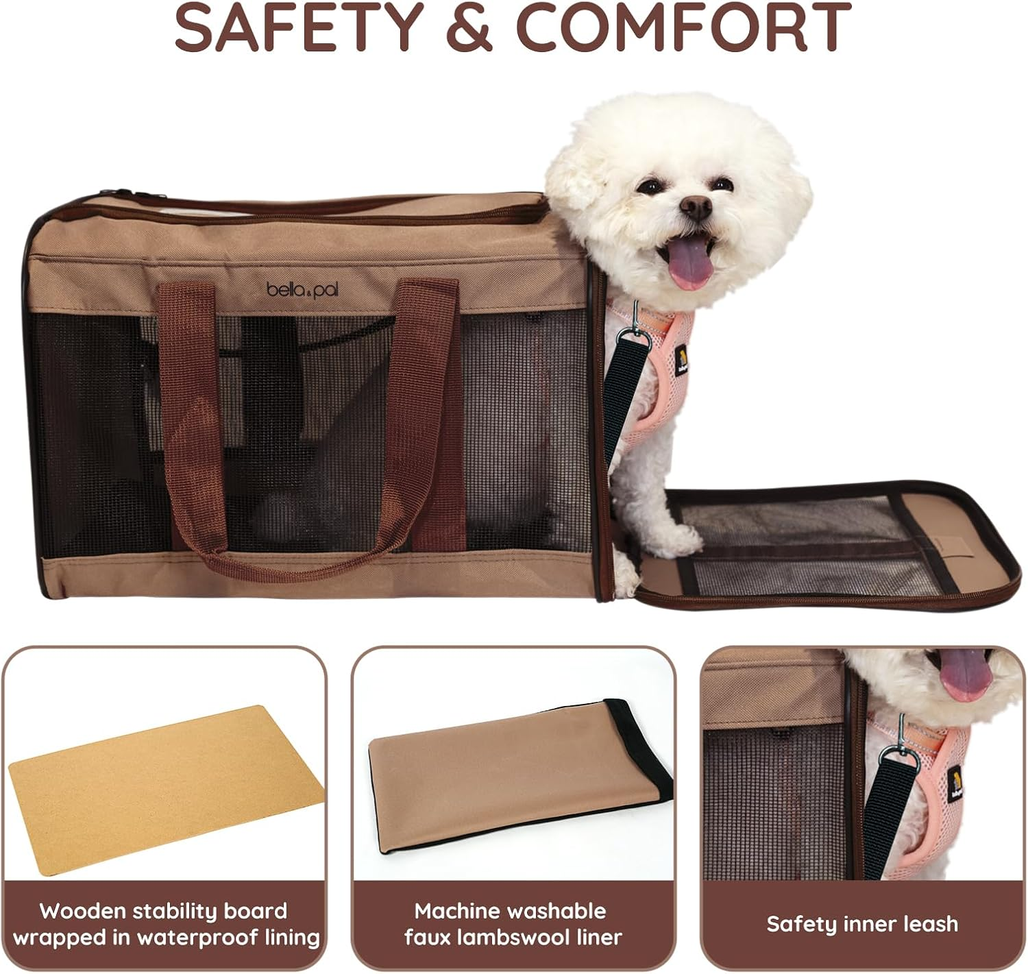 BELLA & PAL Cat Carrier Dog Carriers Airline Approved, Pet Carrier for Small Medium Dogs Cats under 16Lbs, Collapsible Soft Sided Travel Puppy Carrier (Brown, 16.5" L X 11" W X 11" H) image number 6