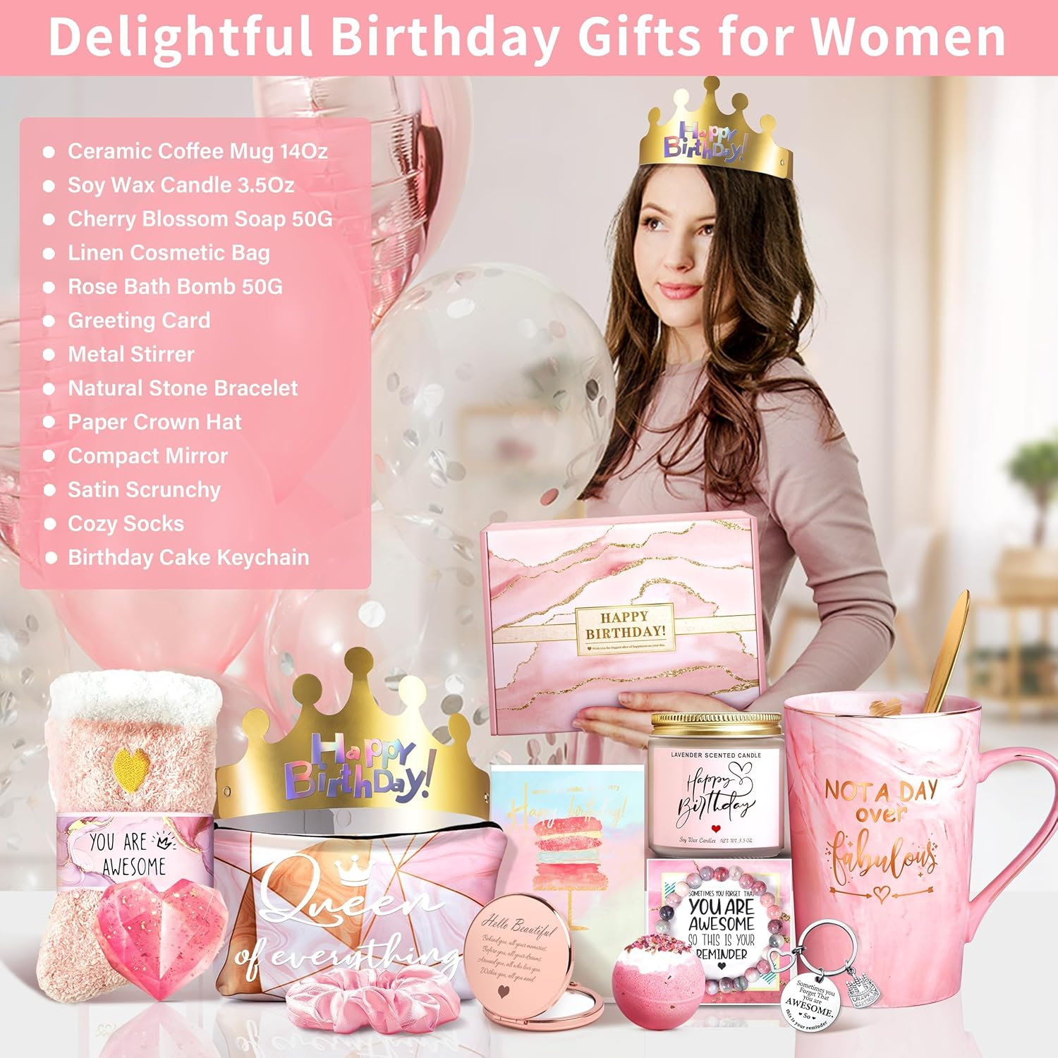 Happy Birthday Spa Gift Baskets W/14 OZ Ceramic Marble Mug Makeup Bag Care Package for Mom Wife Sister Best Friend Her Daughter image number 3