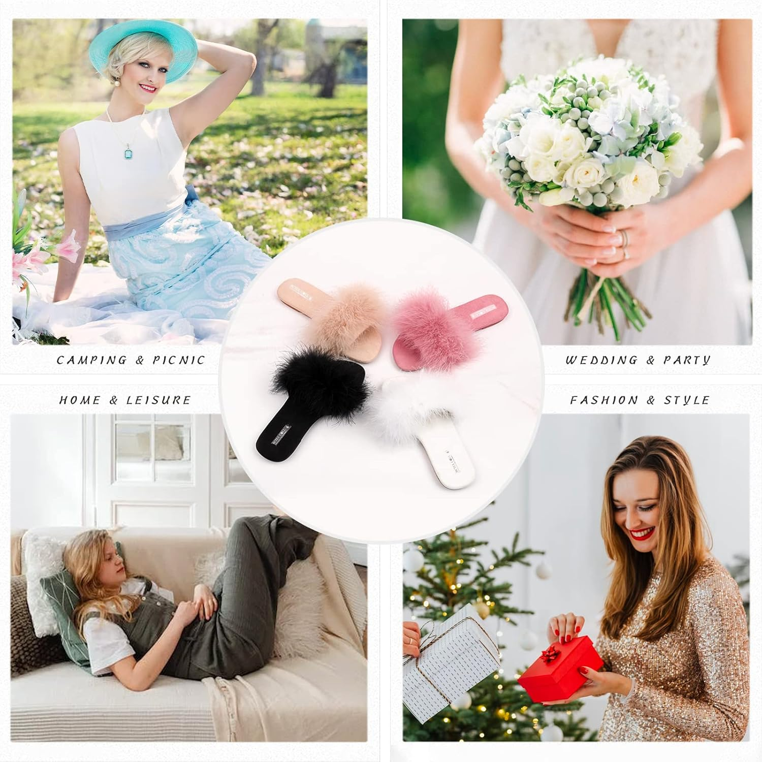 BCTEX COLL Women'S Fuzzy Open Toe Slippers Memory Foam Feather Slides Fluffy Furry Indoor House Sandals image number 5