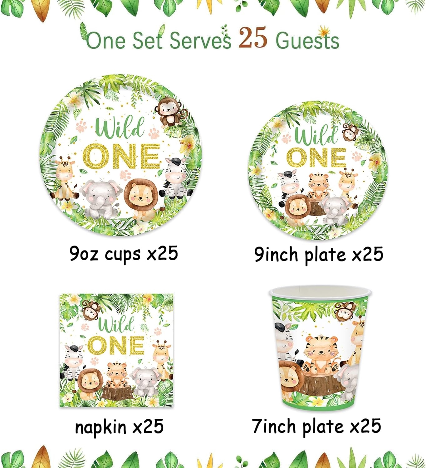 Wild One Birthday Decorations Tableware - Safari Birthday Decorations Including Plates, Cups, Napkins, Animal Jungle Theme Wild One Party Supplies (Serve 25) image number 1