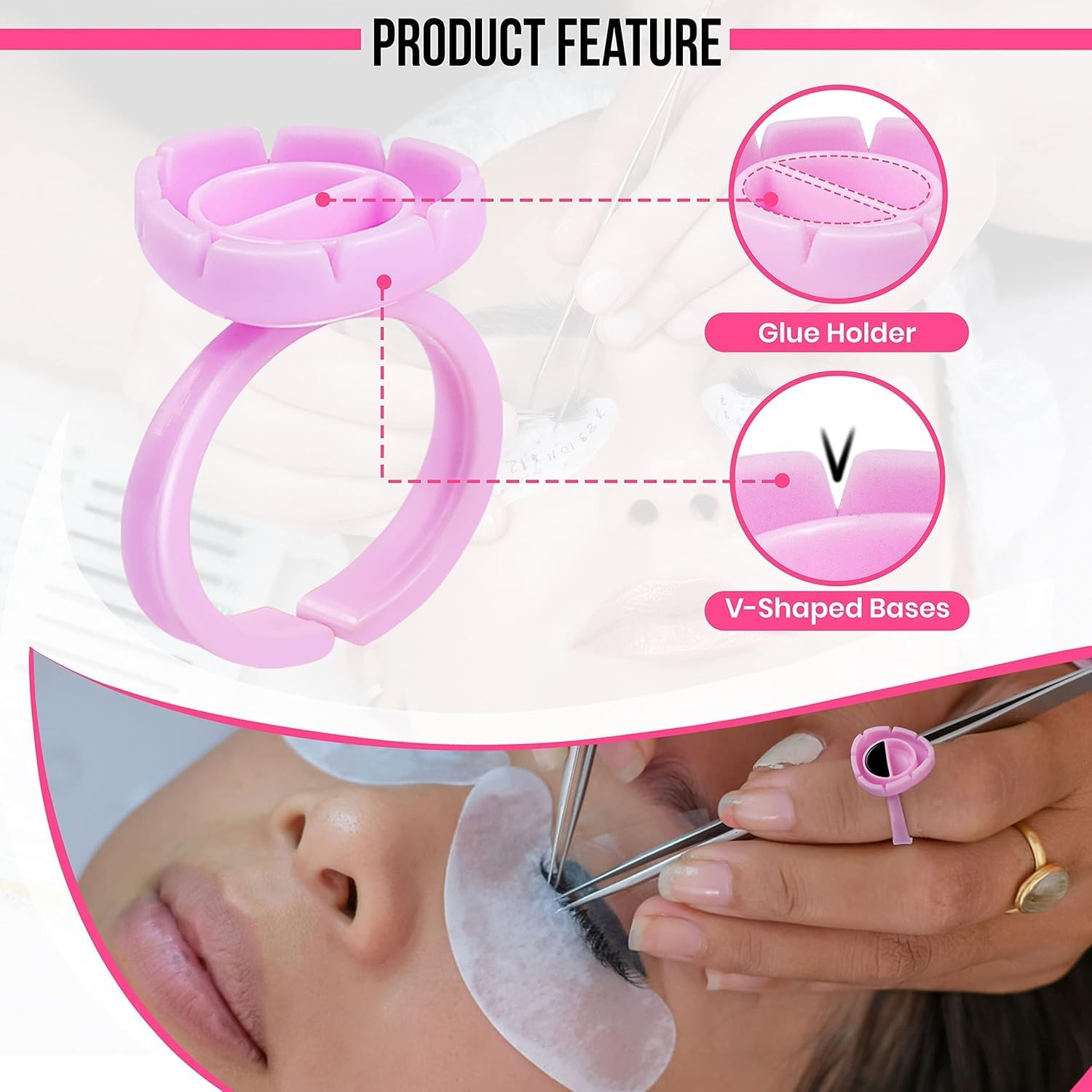 Pink Flower Shaped Plastic Lash Glue Rings, 100Pcs Lashes Lash Glues Holder Ring Glue Cup Rings, Pink Lash Extension Ring Holder Cup Glue Ring for Eyelash Extensions image number 3
