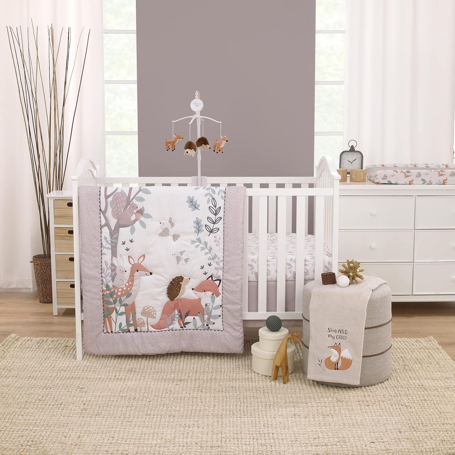 Nojo Little Love Woodland Meadow Taupe, Sage, and White Deer, Fox, and Hedgehog 3 Piece Nursery Crib Bedding Set - Comforter, Fitted Crib Sheet and Crib Skirt - Rainbow  Sun Pink/White/Yellow image number 5