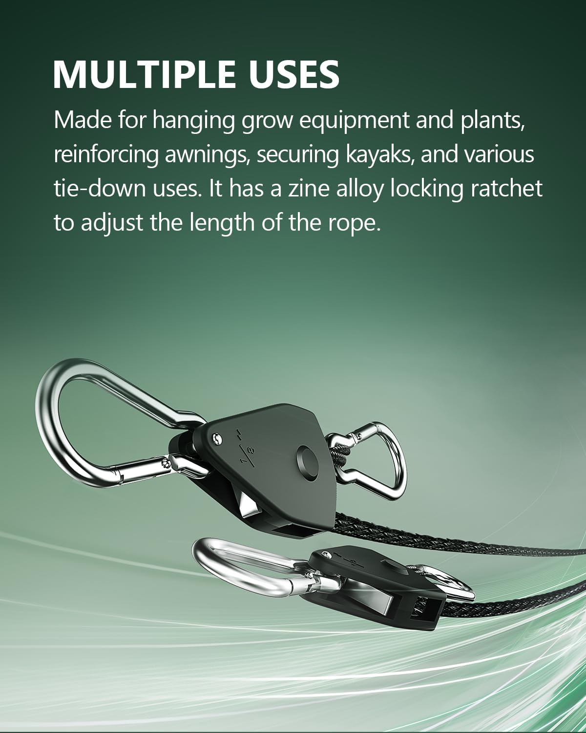 2-Pack 1/8&rdquo; Adjustable Rope Hanger, Heavy Duty Ratchet Tie down Strap with Reinforced Metal Gear, Ratcheting Pulley System Bungee Cord for Hanging Plants Grow Light and Various Tie-Down Uses image number 4