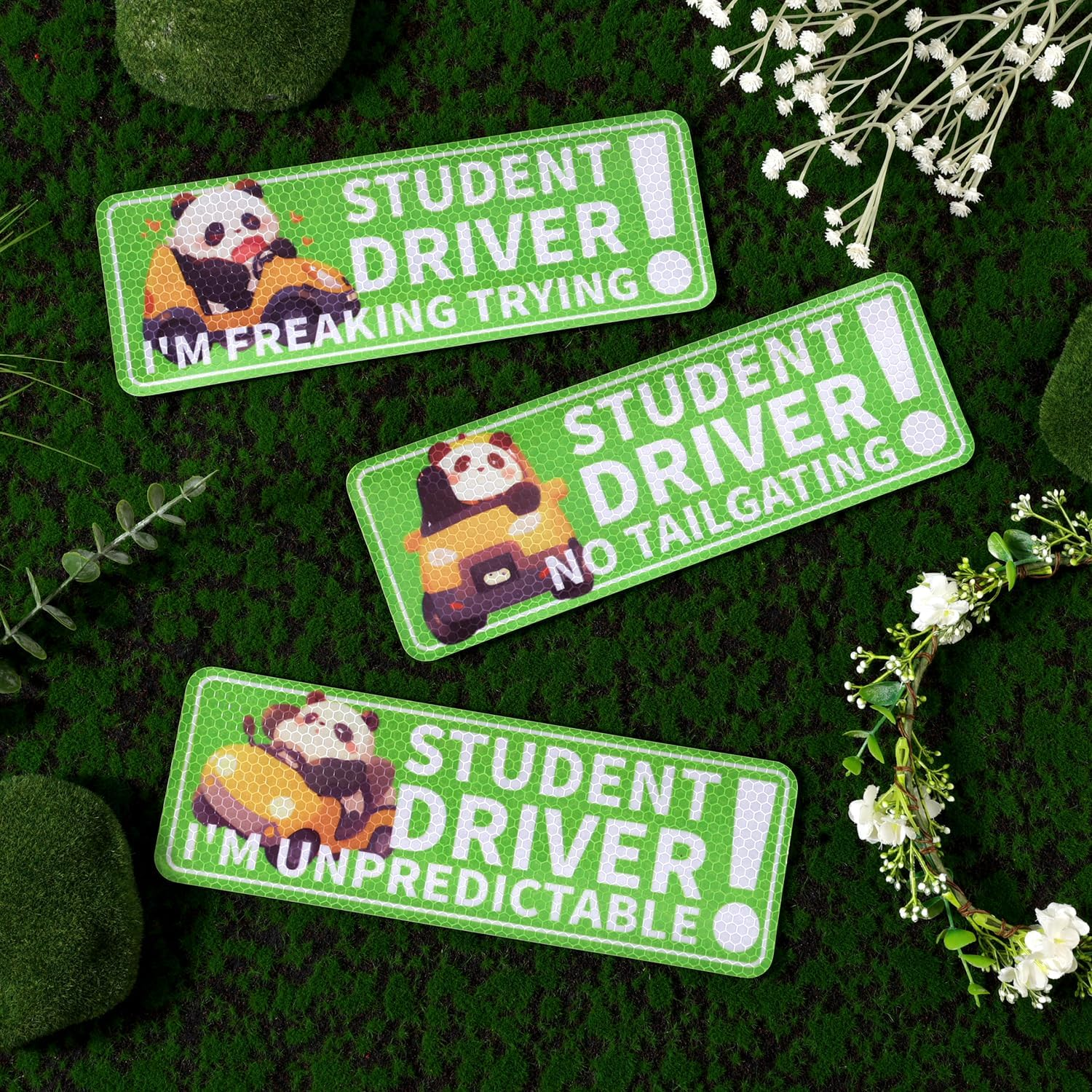 3Pcs Reflective Magnetic Car Stickers, 10.04X3.5In Premium Magnet Cute Panda Pattern Car Magnetic Stickers Safety Signs Suitable for Student Car Novice Drivers(Green) image number 3