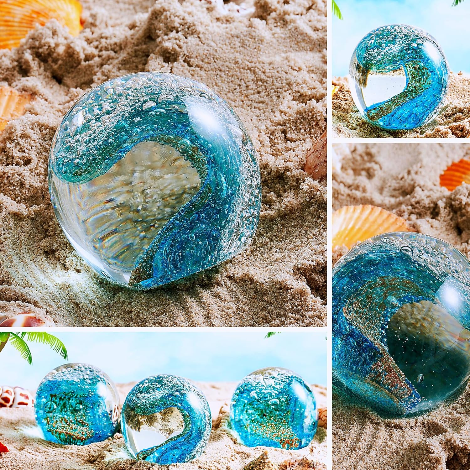 EUSTUMA Hand Blown Glass Figurines Ball Ocean Waves,Paperweight Glass Ball,Home Decor Collectible,Aquarium Decor,Office Decor Ocean Lovers - Apple image number 5
