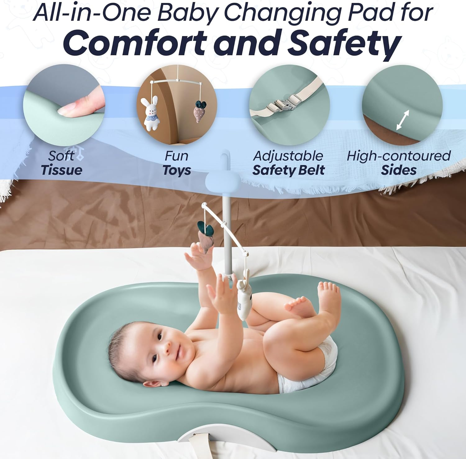 FLAIREON Baby Changing Pad, Waterproof Soft PU Change Pad for Babies, Portable Baby Changing Mat, Fits All Changing Tables, Lightweight Nappy Change Mat, Soft Change Mat Cover &ndash; Light Gray (Green) image number 3