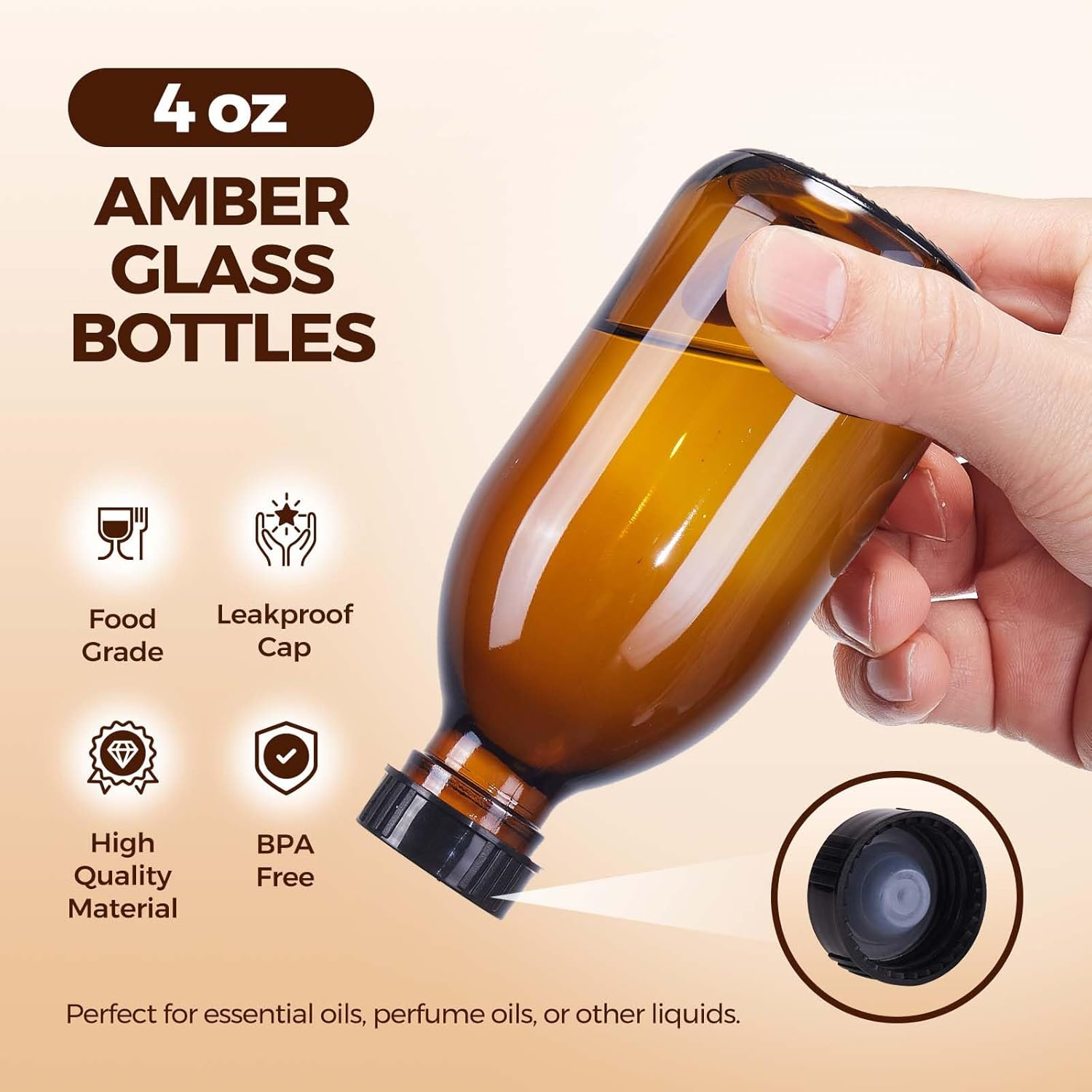 Elumeiro 12 Pack 4 Oz Amber Boston Glass Bottle with Cap, Empty Brown Glass Bottles for Homemade Vanilla Extract, Essential Oils, Juice, Syrup, Liquids, Potion, Herbal Perfume, Hot Sauce image number 3