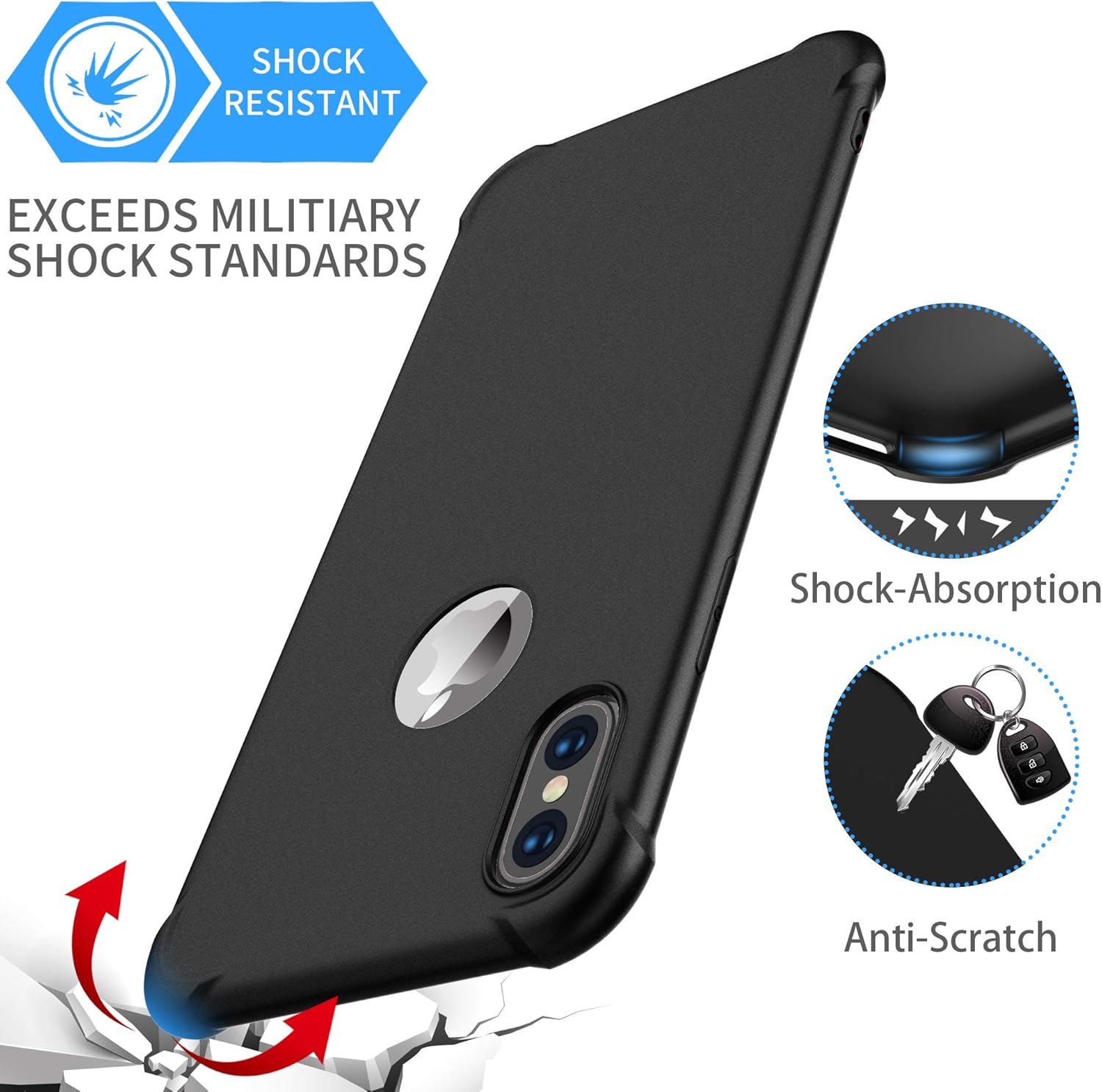 ORETECH Compatible with Iphone X Case Iphone Xs Case with [2 X Tempered Glass Screen Protector] 360&deg;Full Body Shockproof Case Ultra Thin Hard PC Silicone Case Cover for Iphone X/XS 5.8'' - Black - Blue image number 6