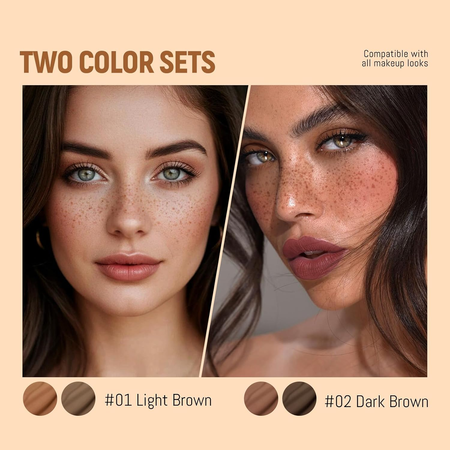 Noerrors 2 Colours Freckle Stamp Pen, Dual Ended 2 in 1 Artificial Freckle Marker Waterproof Quick Drying Eyeliner for Natural Sun Kiss Makeup, Light Brown & Dark Brown image number 1