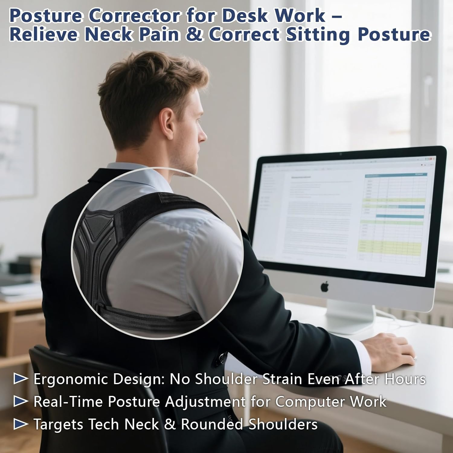 Posture Corrector for Women & Men, Adjustable Upper Back Brace with Anti-Chafing Pads for Neck/Shoulder/Back Pain Relief, Breathable Invisible Posture Brace for Office, Driving, Fitness. (Black, Medium) image number 3