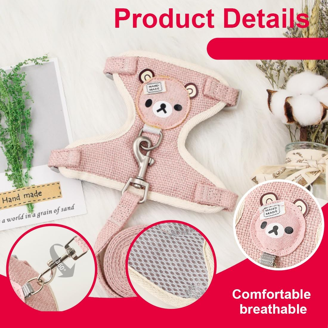 XYTAHDM Nano Rabbit Leash, 120 Cm, Rabbit Accessories, Harnesses, Collars and Leads for Small Animals, with Leash, Rabbit Harness, Adjustable Leash, for 1-1.5 Kg (Pink) image number 2