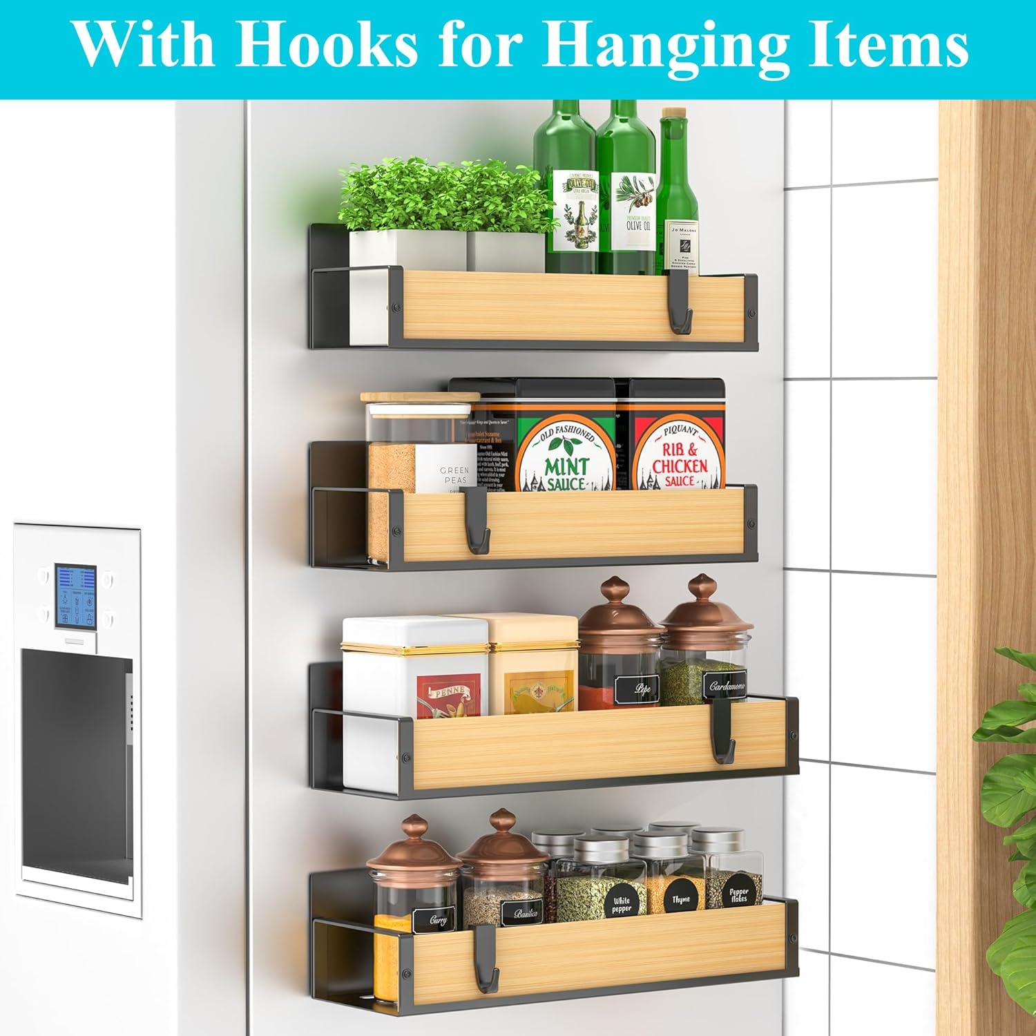 AVITONG Magnetic Bamboo Spice Rack for Refrigerator Side, 4 Pack Strong Magnet Organizer Shelf for Kitchen Storage, No Hooks, Space Saver