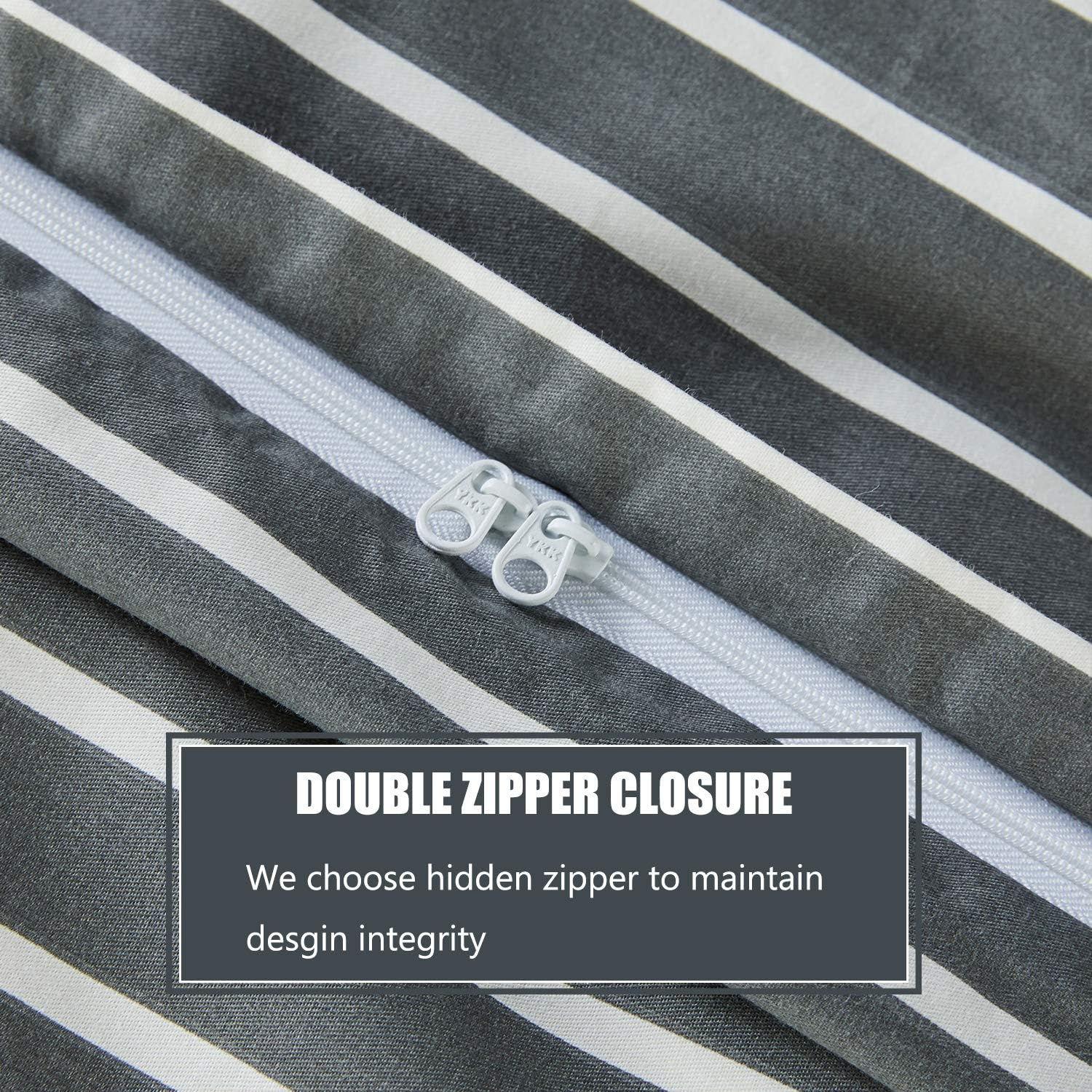 JELLYMONI 100% Natural Cotton 3Pcs Striped Duvet Cover Sets, Dark Grey Duvet Cover with White Stripes Pattern Printed Comforter Cover, with Zipper Closure & Corner Ties(Queen Size) image number 5