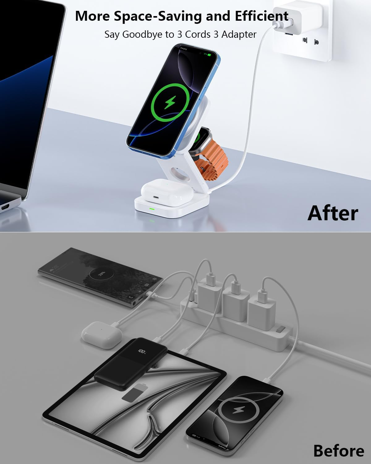 3 in 1 Wireless Charger,Magnetic Foldable Fast Wireless Charger Station Compatible with Iphone 15/14/13/12/Pro/Plus/Pro Max,5W for Apple Watch 9/8/7/6/5/4/3/2/Se/Ultra 2, Airpods 3/2/Pro (White) image number 2