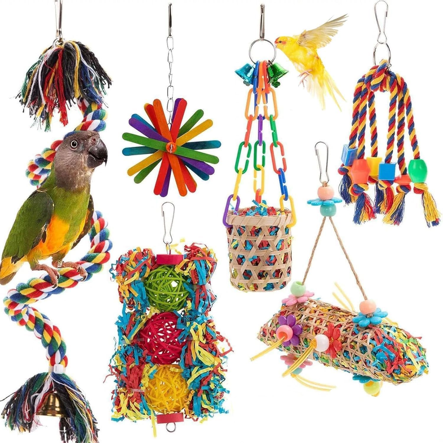 Wakouter Bird Toys, 6 Pcs Parrot Toys, Bird Swing Hanging Standing Chewing with Colorful Shredding Foraging, Climbing Ladder Bird Cage, for Lovebird, Conure, Cockatiel, Finches, Parakeets, Macaws image number 1