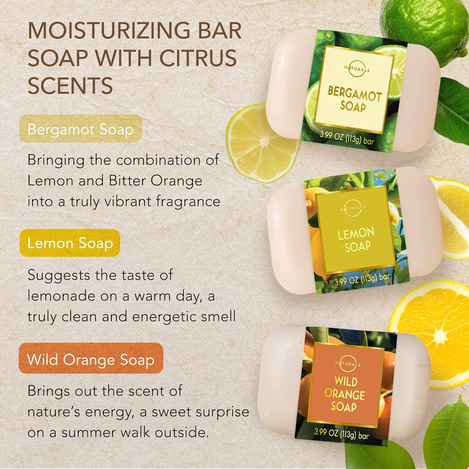 O NATURALS 100% Natural Bar Soap - Gift Set - Organic Ingredients & Essential Oils - Spa Gifts for Women & Men, Body Wash & Face Soap - 6PC Citrus Soap Collection image number 3