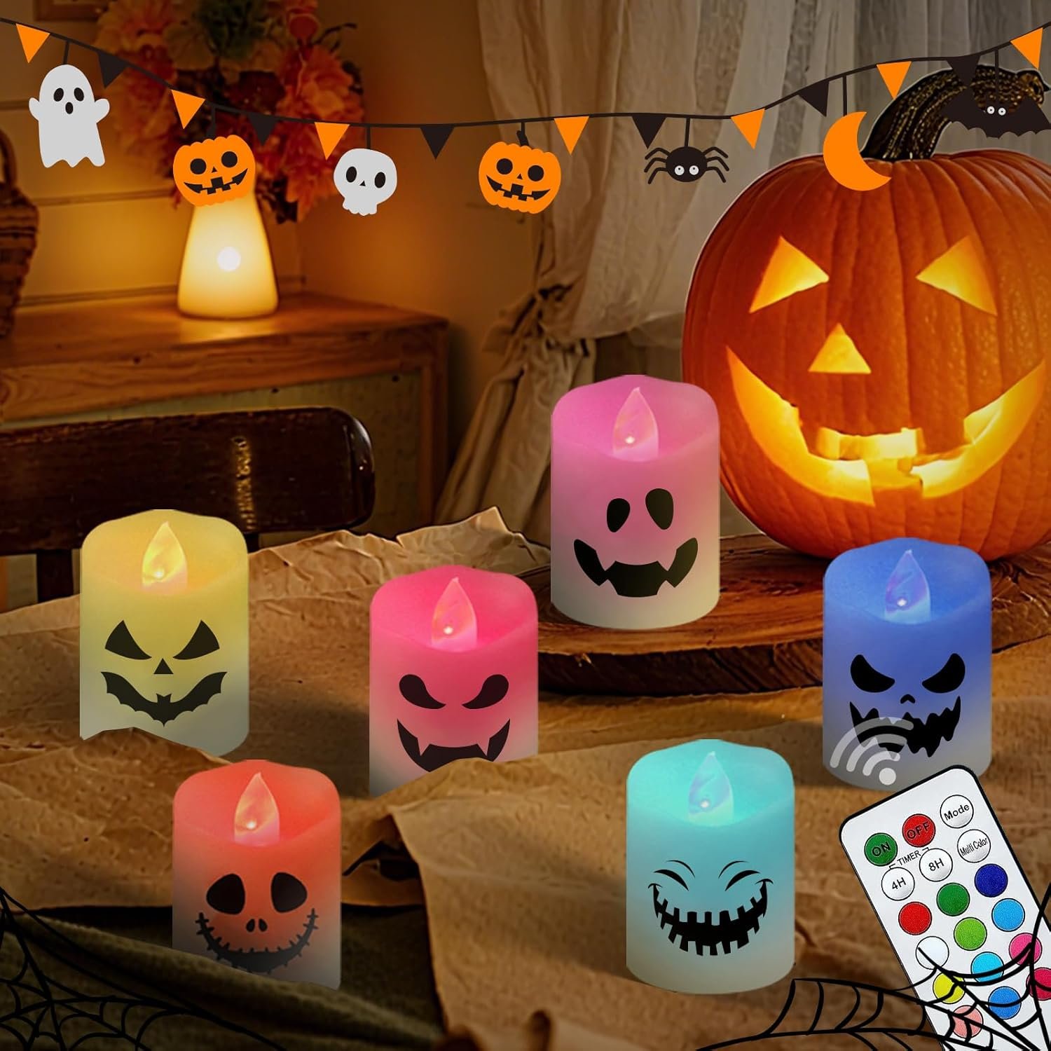 YLSD Halloween LED Candle Decoration with Remote Control, Flameless Votive Candles for Halloween Home Decor, Timing and Color Change, Battery Powered (6 Pack)