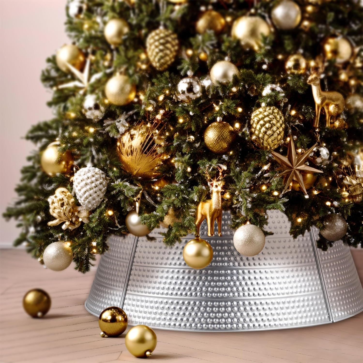 Christmas Tree Collar and Skirt Set - 23" Festive Holiday Decor with Gold Metal Tree Collar Base Stand - Ideal for Real or Artificial Trees - Christmas Skirt Tree Basket Decorations Gift image number 1