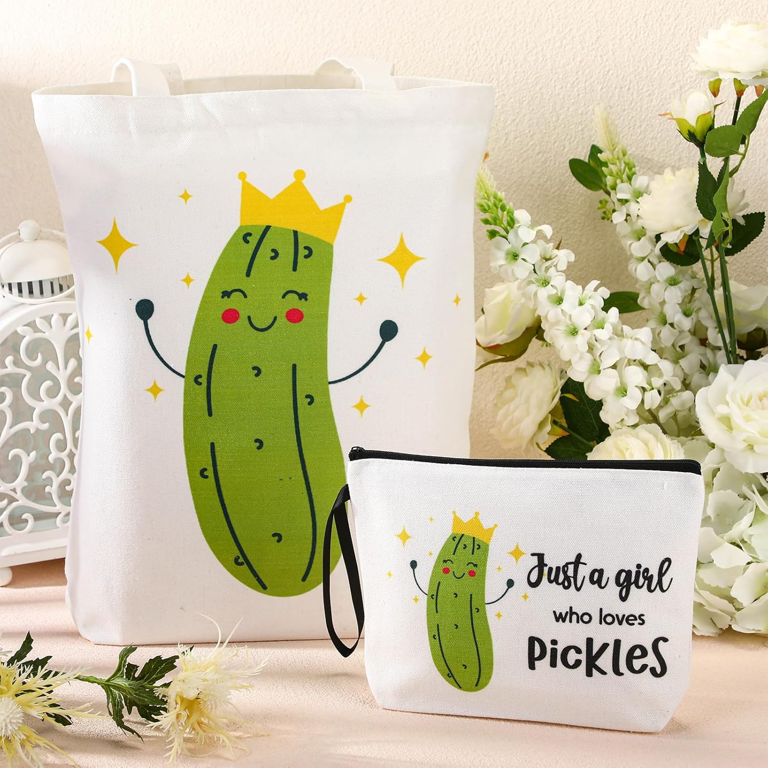 Sieral 2 Pcs Christmas Animal Lover Bag Gift for Women Travel Bags Portable Zipper Pouch Canvas Reusable Grocery Tote Bag image number 3