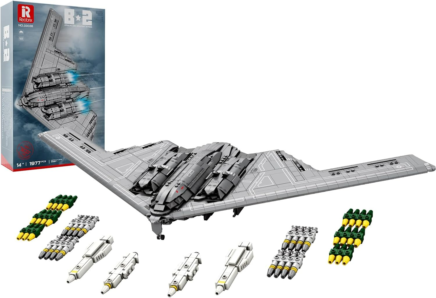 Reobrix 33038 B-2 Spirit Building Block Set, Stealth and Strategic Bomber Model Building Kit, Military Aircraft Toys for Adult and Kids 12+, 1977 PCS image number 4