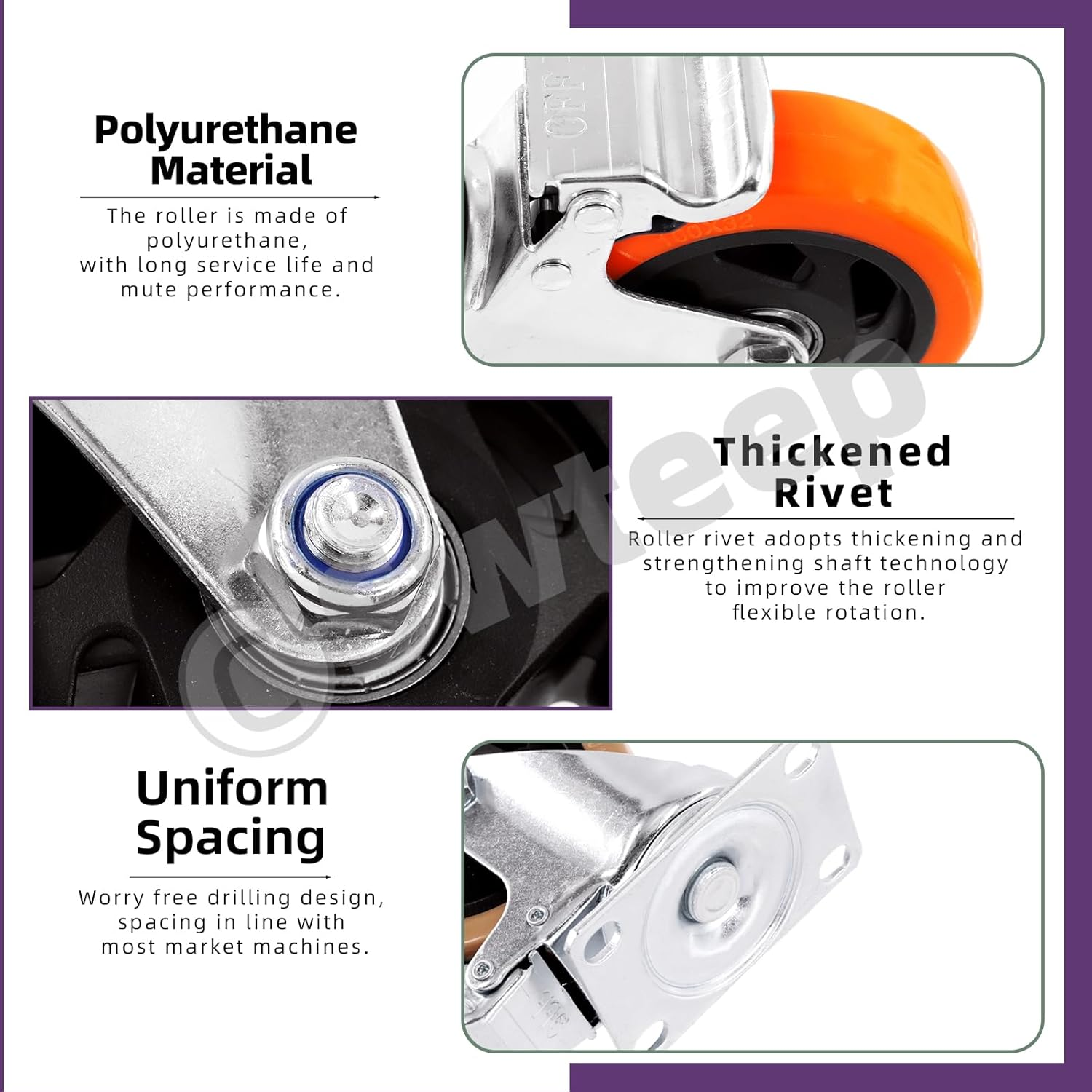 Swpeet 53Pcs 1.5 Inch Swivel Plate Casters Wheels, Heavy Duty Casters 2 with Brakes 2 without Brakes, Safety Dual Locking Casters with Wrench Screws, No Noise Polyurethane Wheels Casters for Furniture image number 4