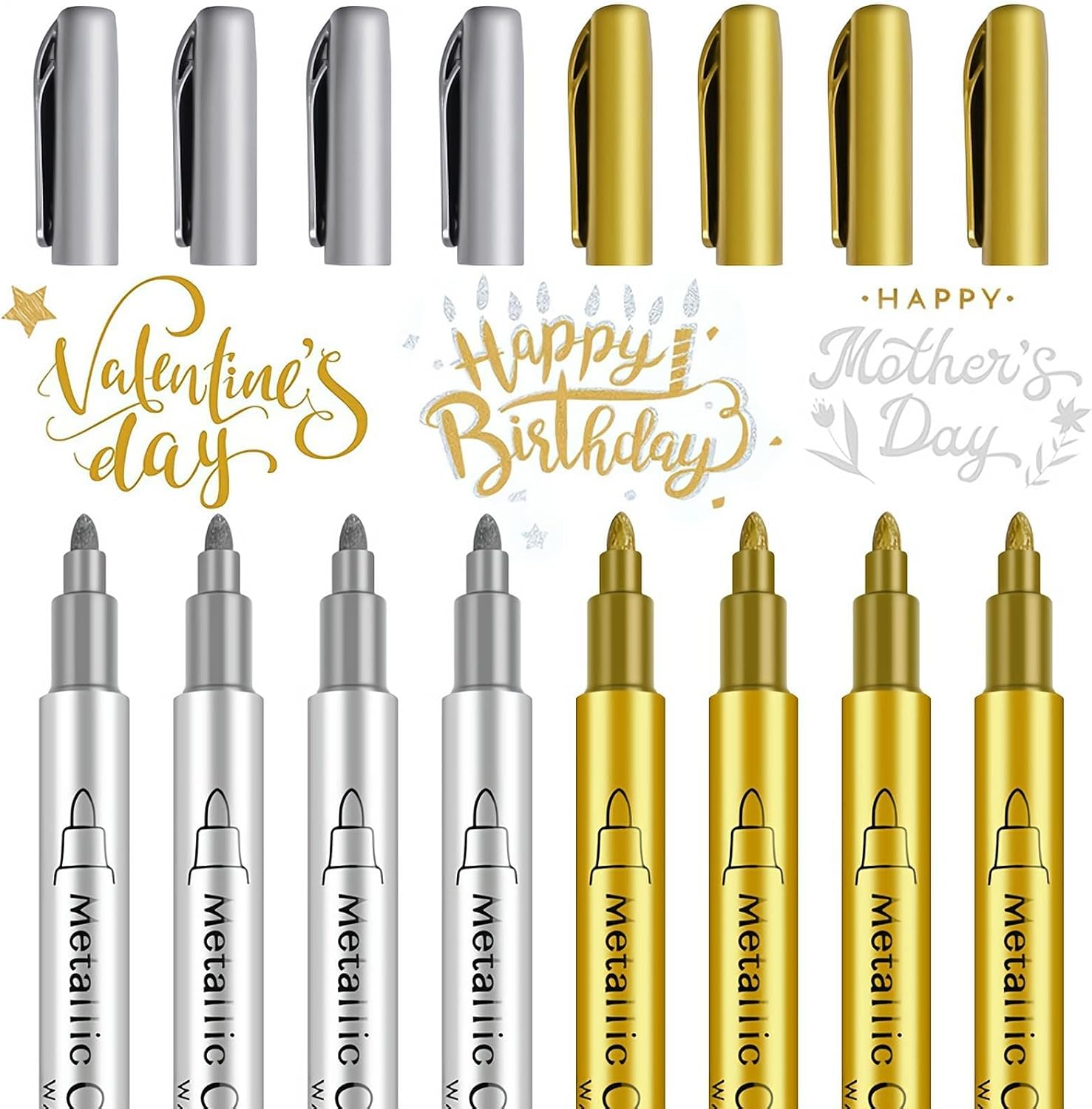 REGODI 10 Pack Set of 2 Metallic Color 2 Black 3 Gold 3 Silver Acrylic Paint Pens for Rock Painting, DIY Card, Pebble Art, Scrapbooking, Fabric, Metal, Ceramics, Wine Glass image number 2