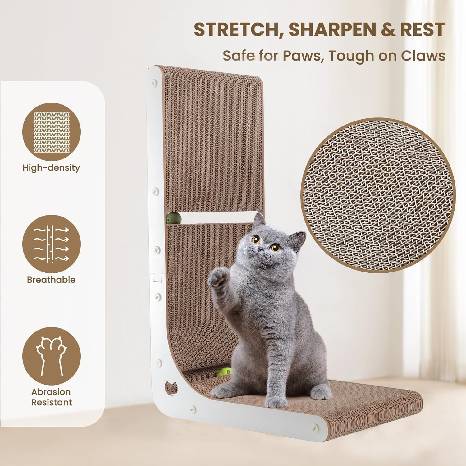 Cat Scratcher, Vertical Cat Scratching Board, 23.6 Inch/60 Cm L-Shape Cat Scratch Pads, Wall-Mount Cat Scratchers for Indoor Cats, with Built-In Catnip Toy Balls, Suitable for Large and Small Cats image number 1