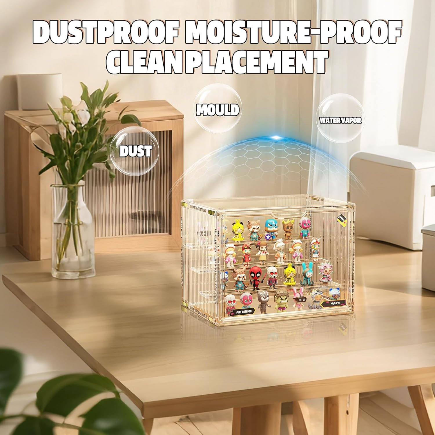 Powerful Acrylic Display Case for Collectibles 4 Layer Stackable& Clear Container Box for Pop Figures Mini Toys Car Model Wallet Book Organization(With Cute Stickers) image number 4