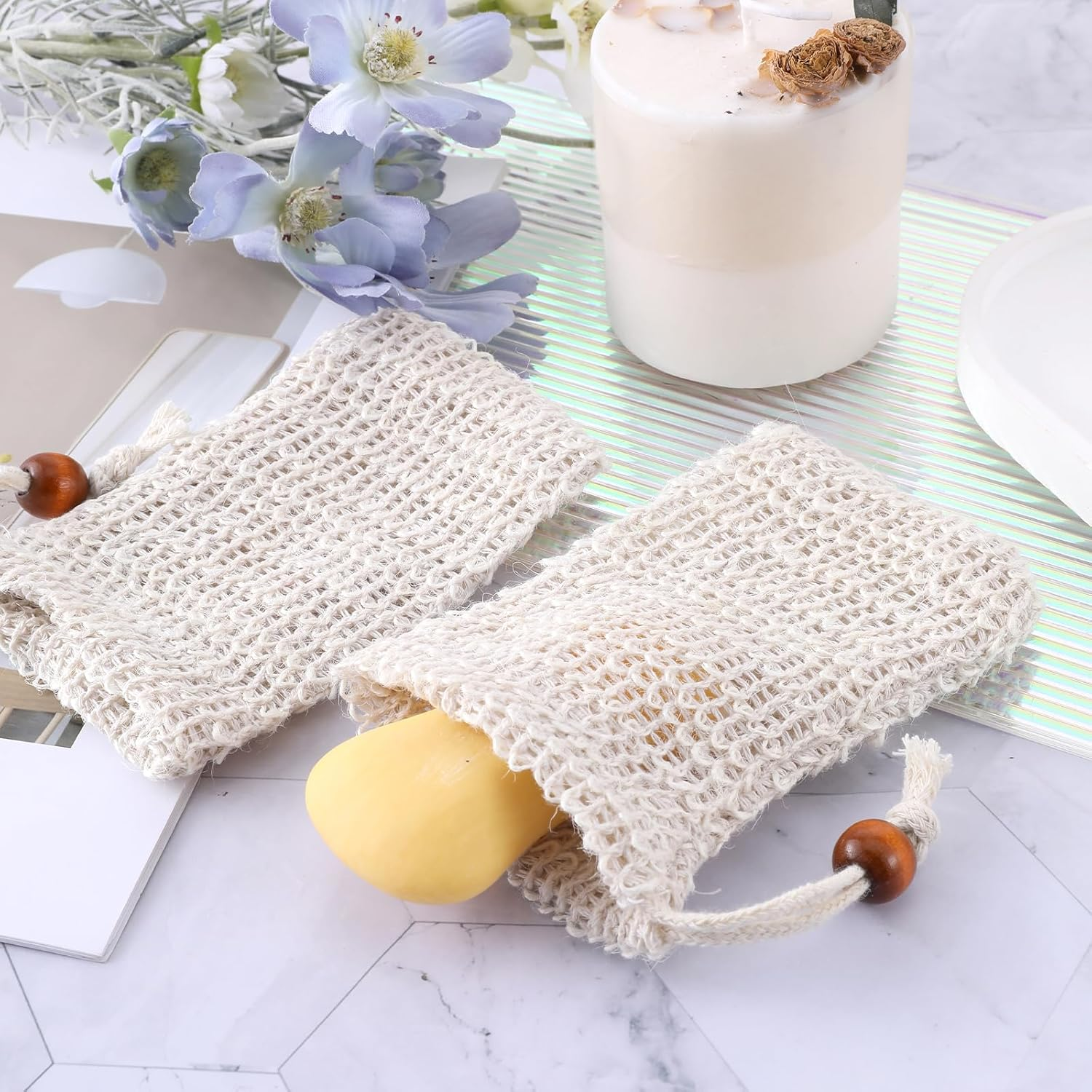 2PCS Soap Saver Bag, Sisal Exfoliating Soap Pouch, Natural Cotton-Linen Exfoliating Net Pouch with Drawstring, Foaming and Drying Exfoliating-Mesh Pouches for Bath and Shower (13X8.5Cm, Beige) image number 2