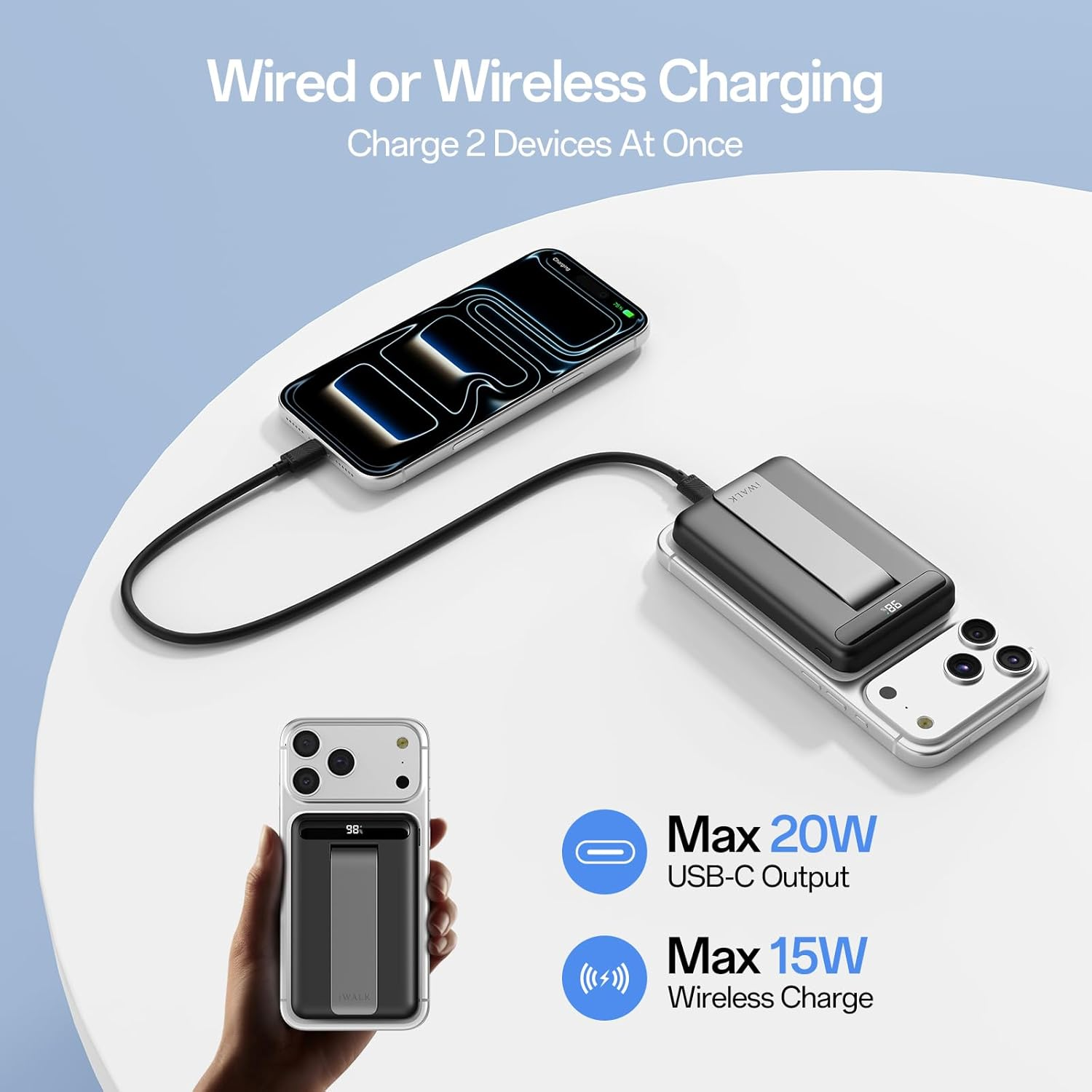Iwalk Qi2 Certified 15W Magnetic Wireless Power Bank, 10000Mah Portable Charger with Adjustable Stand & LED Display, Fast Charging for Iphone 16/15/14/13/12 Pro/Pro Max/Plus/Mini - White image number 2