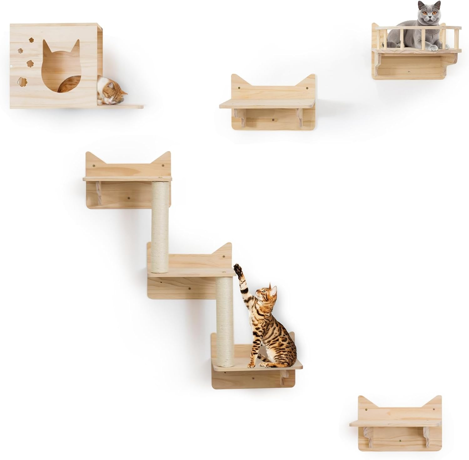 Pine Cat Wall Shelves, Set of 5 Cat Wall Furniture, Cat Scratching Post with 3 Steps, Cat Perch, Cat House and Cat Condo - Cat Shelves for Wall image number 1