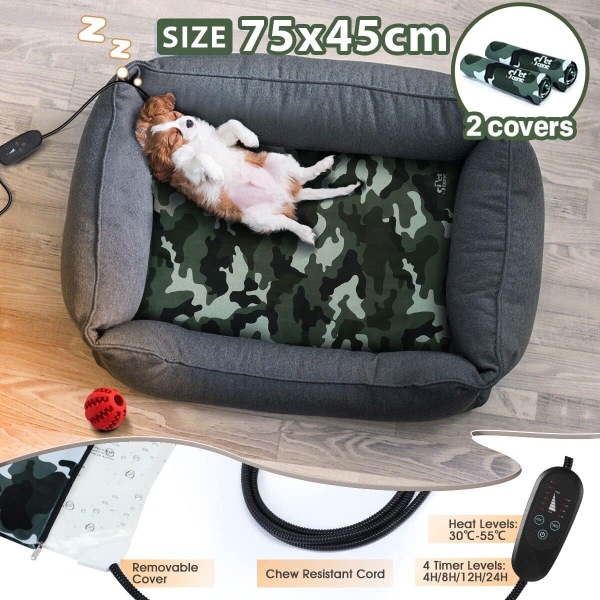 Pet Scene Electric Pet Heat Pad Heated Mat 75X45Cm Pet Heating Blanket Dog Cat Bed Thermal Protection Timer L Size with 2 Cloth Covers image number 2
