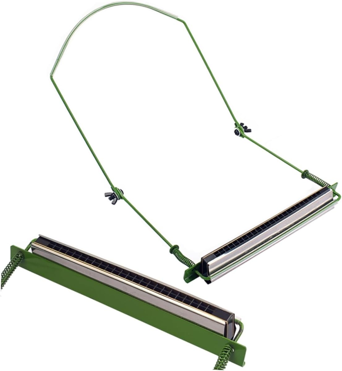 10-Hole Green Harmonica Neck Holder Metal Frame Rack, Adjustable Mouth Organ Accessory for Folk and Blues Players, Harmonica Holder for Comfortable Hands-Free Playing