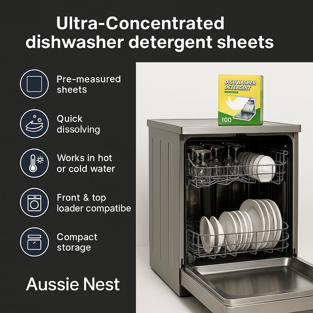 Dishwasher Detergent Sheets Unscented, 100 Sheets, Concentrated Biodegradable Non‑Woven, Plastic‑Free Recyclable Pack, Mess‑Free Dishwashing image number 1